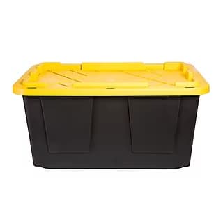 Straight-on black storage tote with a bright yellow lid