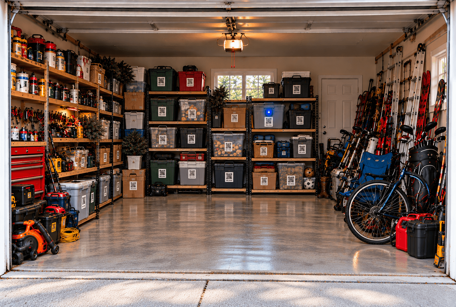 Organized garage with mixed household storage, serialized QR labels, and one optional Bluetooth locator illuminated