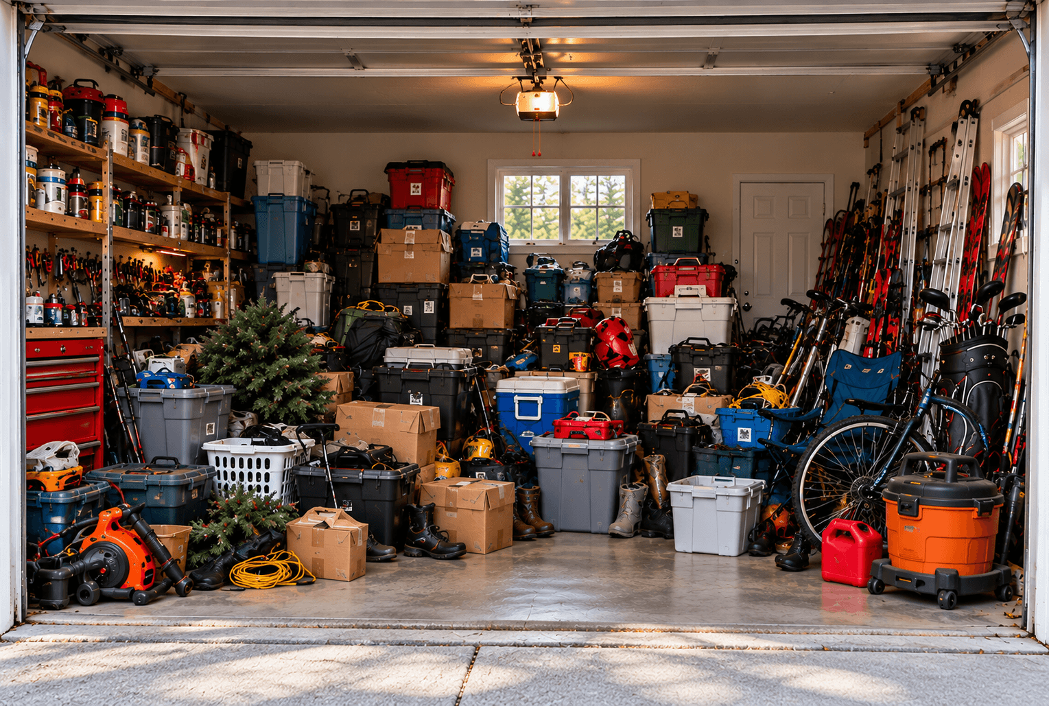 Cluttered garage with mixed household storage before RSC at Home organization