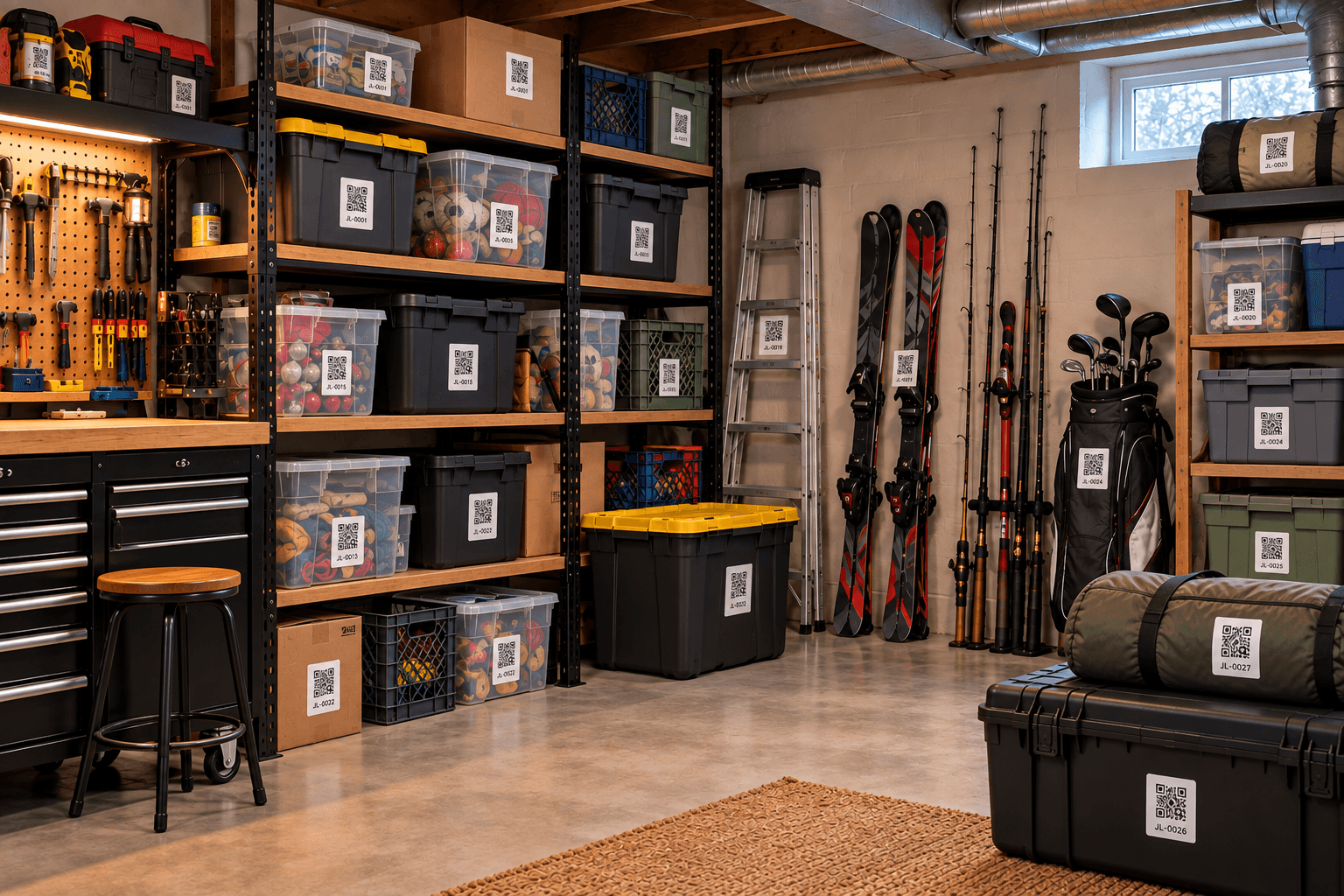 Organized basement storage area with serialized QR labels for the interactive RSC at Home search preview